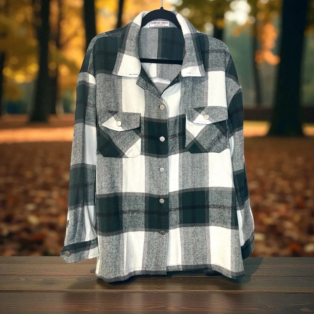 Simplee Sweet green and white plaid flannel button up - Picture 3 of 5